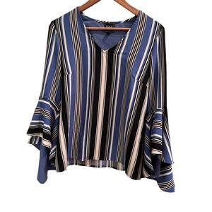 Coco Bianco Peasant Navy White Stripes Tunic Popover Flowy Trumpet Sleeves Sm